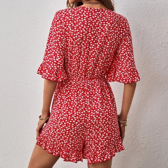 Red Boho Womens Ditsy Floral Tie Front Ruffle Hem Romper - Picture 2 of 5